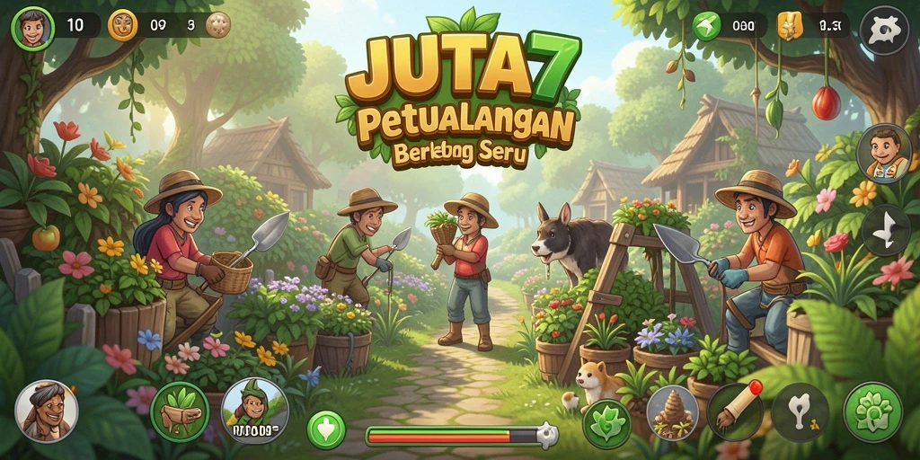Screenshot utama JUTA7 menampilkan aktivitas berkebun yang menarik.