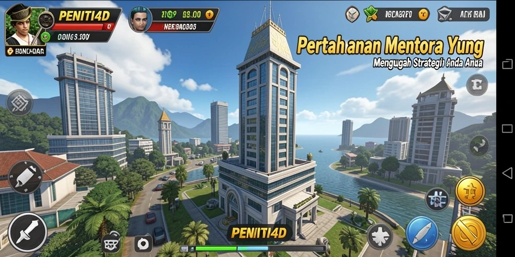Screenshot utama PENITI4D menunjukkan aksi pertahanan menara yang mendebarkan.